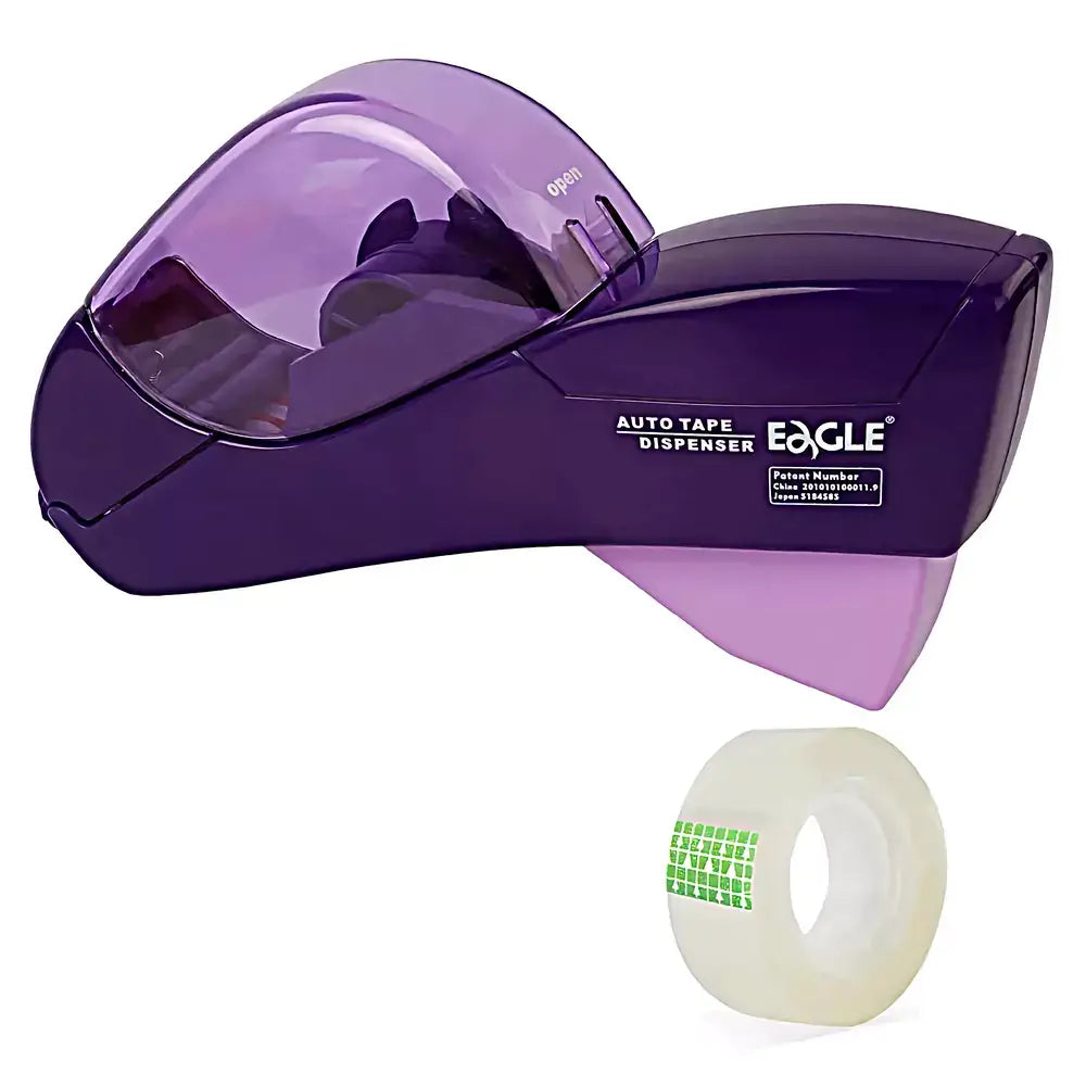 A purple and translucent purple Eagle brand auto tape dispenser shown on a white background, with a roll of clear tape featuring green labels below it.