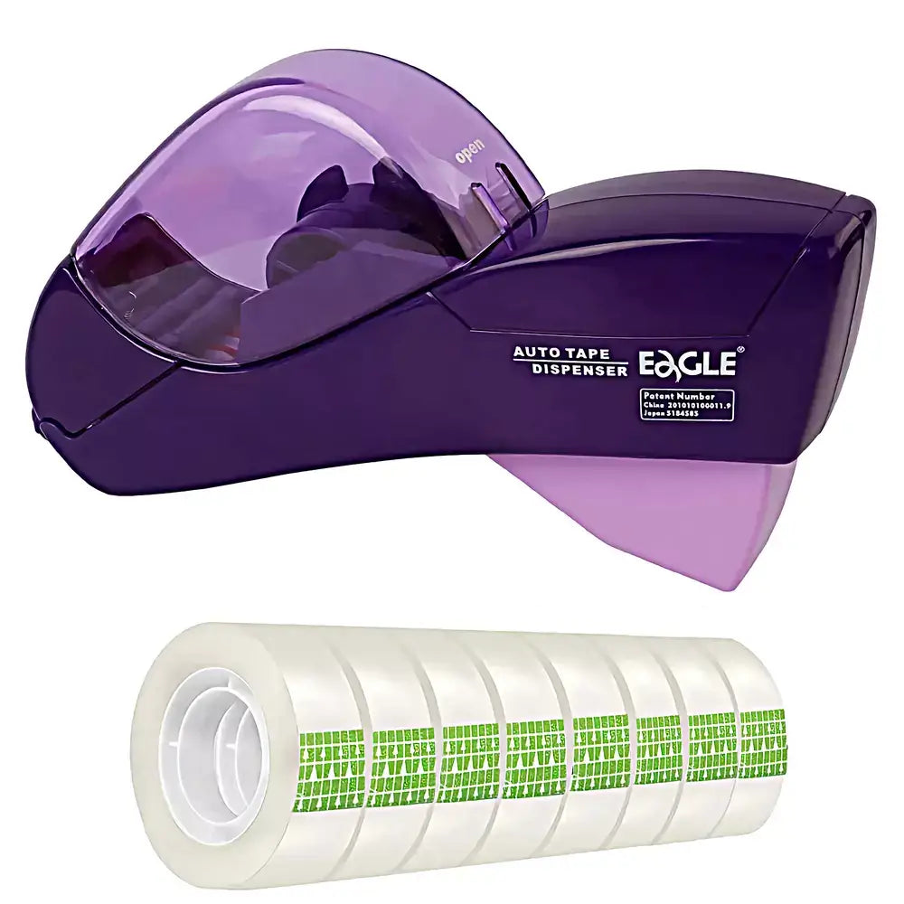 A purple Eagle brand auto tape dispenser with a translucent dome lid, shown above a roll of clear tape with green printed labels on a white background.