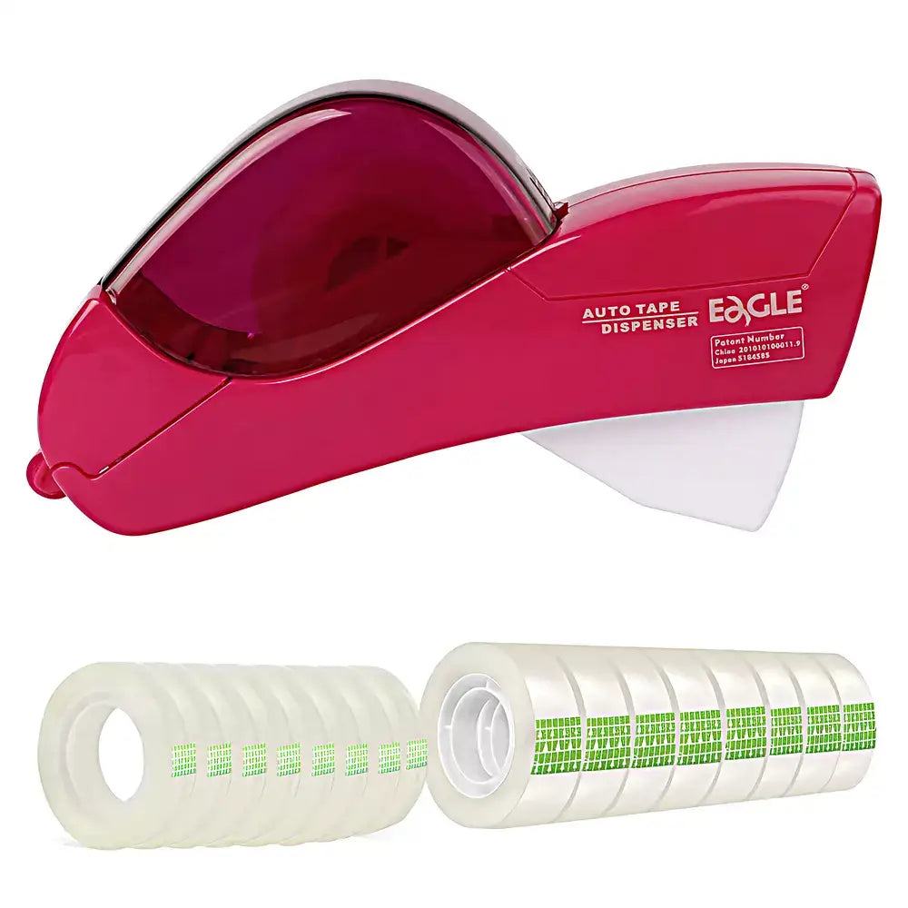 A bright pink Eagle brand auto tape dispenser with a translucent dark red window, shown above two rolls of clear tape with green adhesive strips, on a white background.