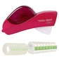 A bright pink Eagle brand auto tape dispenser with a translucent dark red window, shown above two rolls of clear tape with green adhesive strips, on a white background.