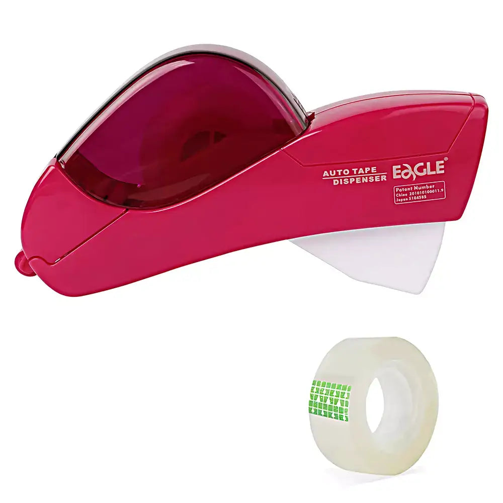 A bright pink Eagle brand auto tape dispenser with a translucent dark red window, shown with a roll of clear tape featuring green branding on a white background.
