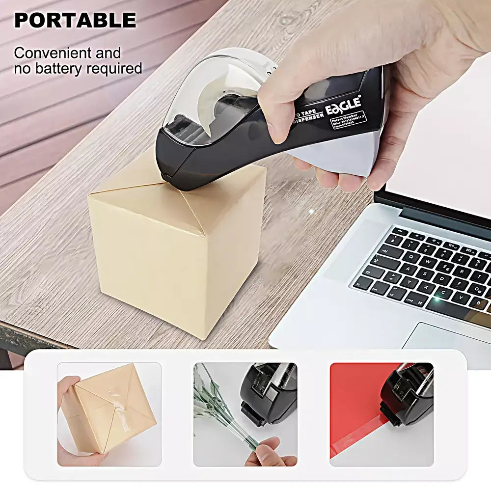 A handheld box tape sealer is shown being used on a kraft paper box on a wooden desk, with a hand holding the device. The text 'PORTABLE Convenient and no battery required' appears in the top left.