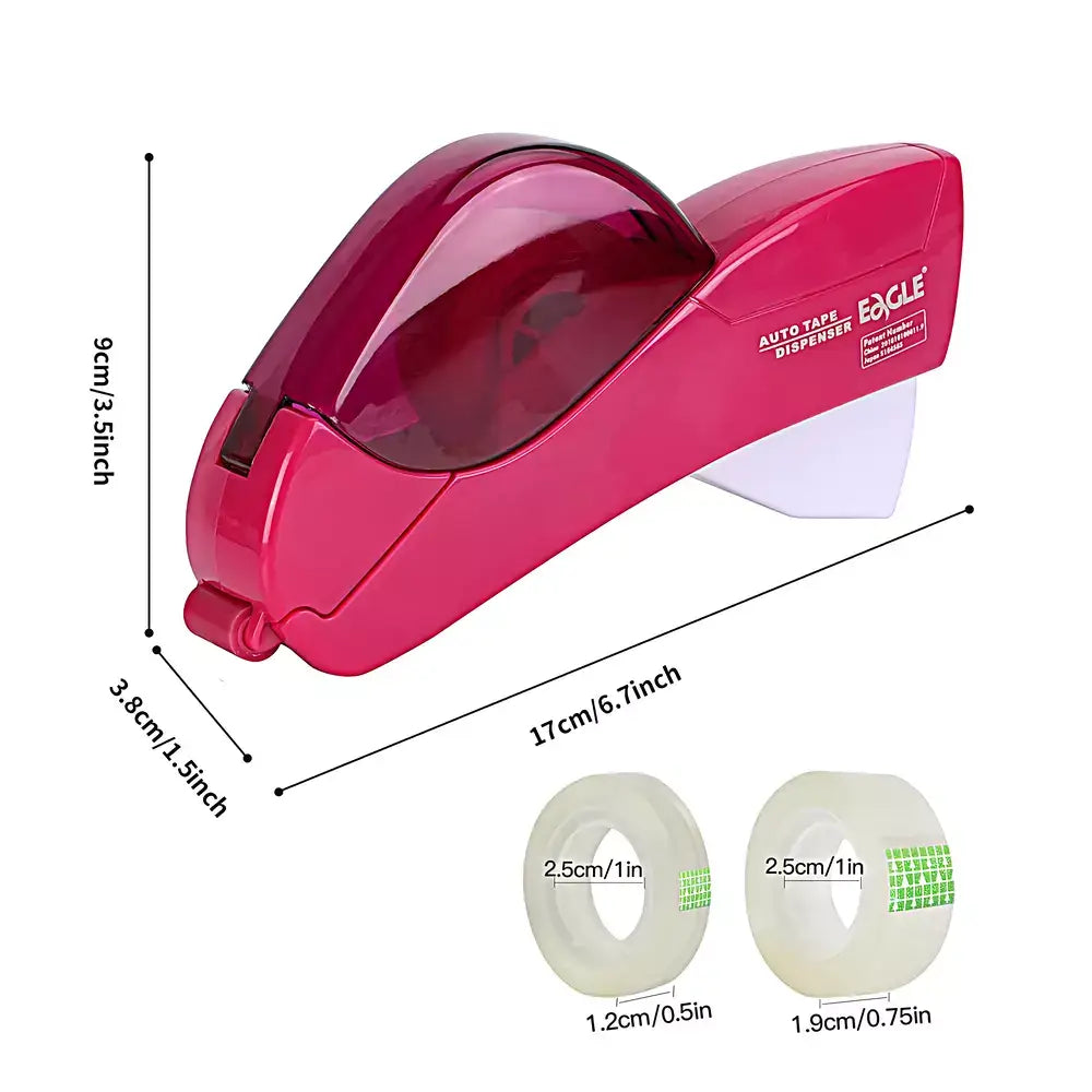 Pink automatic tape dispenser shown with dimension lines indicating 17 cm length, 3.8 cm width, and 9 cm height, plus two rolls of tape labeled 2.