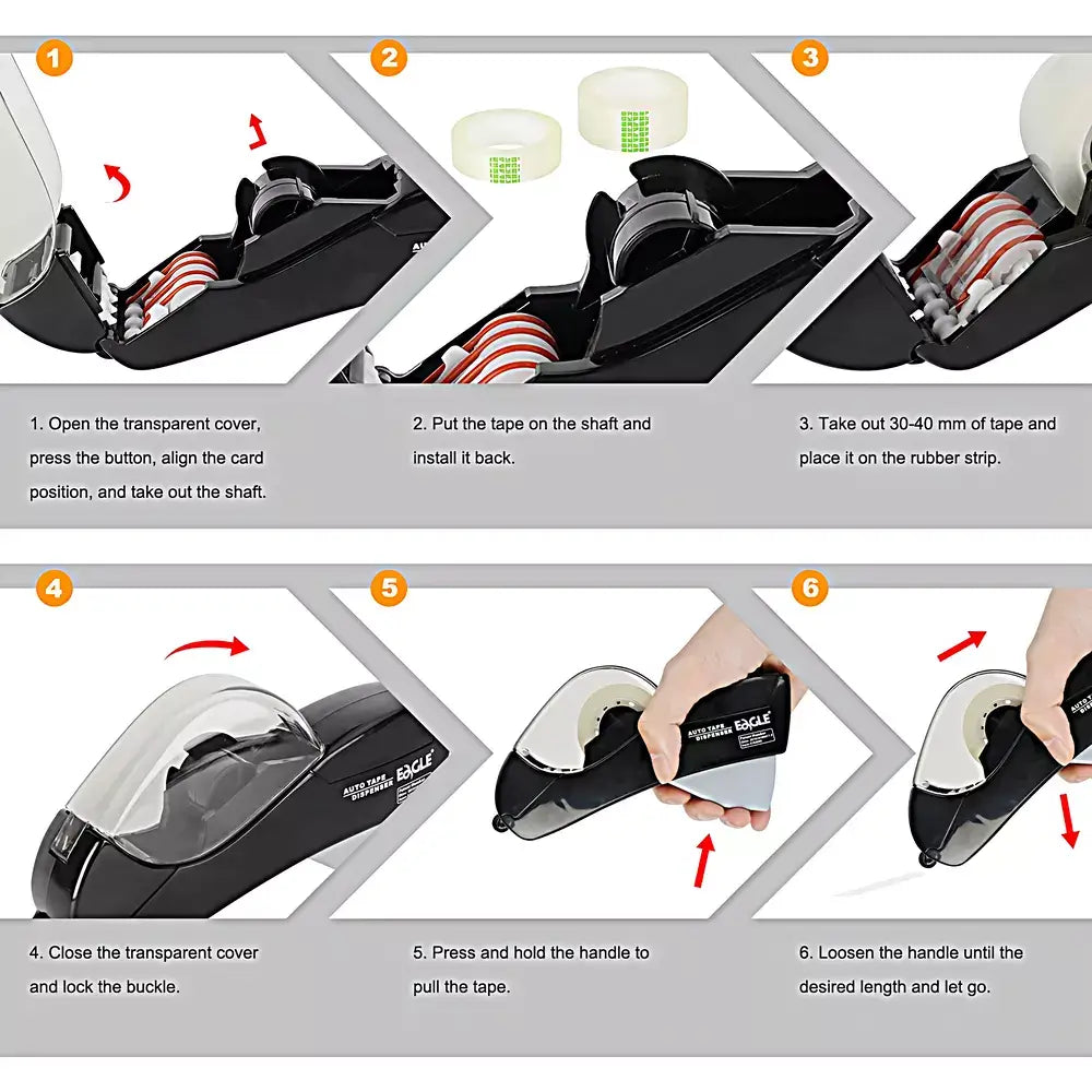 Step-by-step guide on how to use a tape dispenser with images and text instructions.