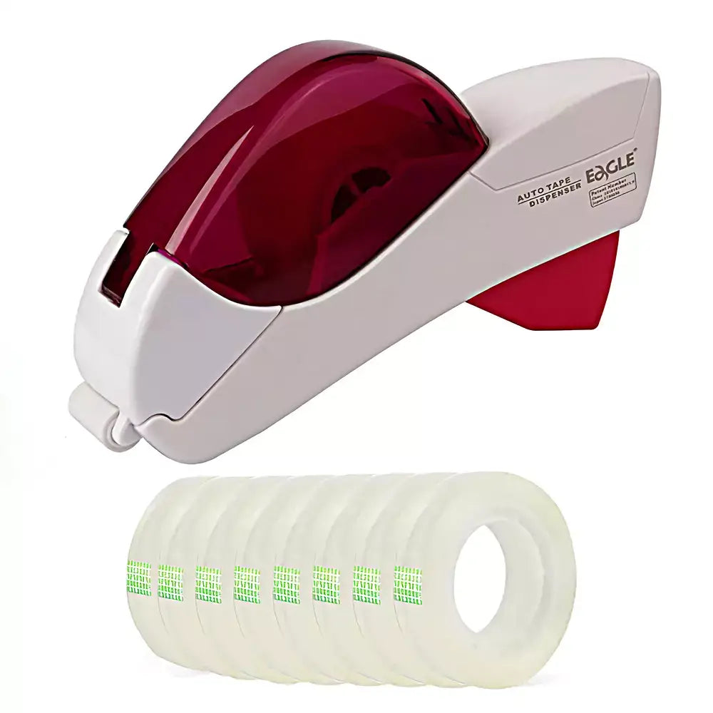 An Eagle brand auto tape dispenser with a white body and translucent red cap, shown above a stack of clear adhesive tape rolls with green printed labels, on a white background.