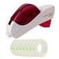 An Eagle brand auto tape dispenser with a white body and translucent red cap, shown above a stack of clear adhesive tape rolls with green printed labels, on a white background.