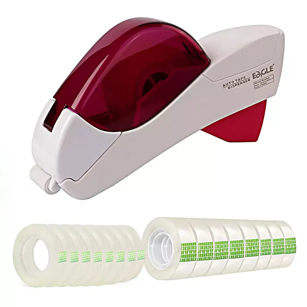 An Eagle brand automatic tape dispenser shown with two rolls of clear tape loaded with green adhesive strips, on a plain white background.