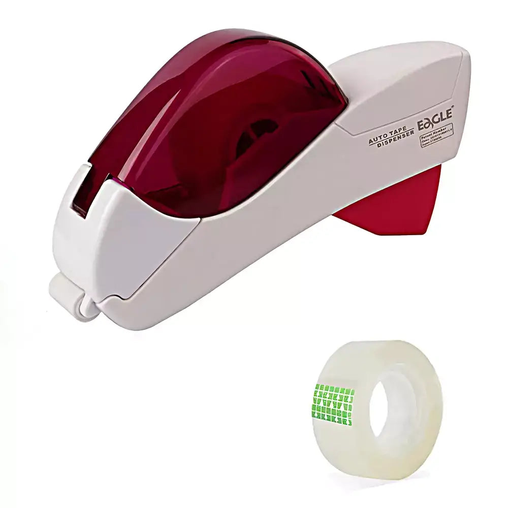 Eagle Auto Tape Dispenser in white and translucent red, shown with a roll of clear tape featuring green grid markings, on a white background.