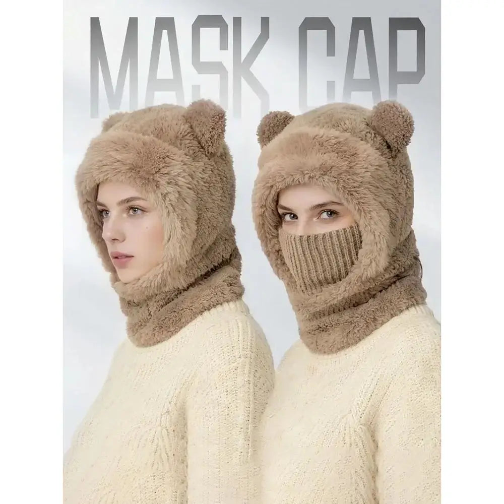 Bear ear winter hat worn for outdoor cycling