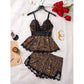 Women's leopard print pajama set with lace tank top and matching elastic shorts