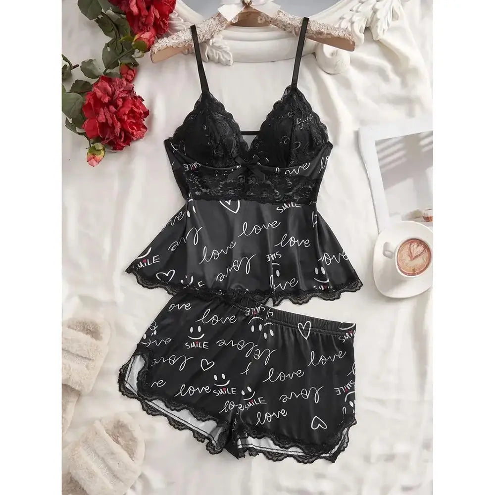 Black women's pajama set with love, heart and smiley print