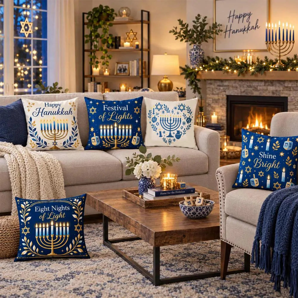 Hanukkah throw pillow styled on a living room sofa