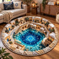 A large round area rug with a detailed 3D architectural design of a stone courtyard surrounding a glowing blue pool with a Star of David, shown in a living room setting.