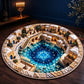 A circular area rug featuring a detailed 3D-style design of a courtyard with a glowing blue Star of David pool, surrounded by stone buildings and lit windows, displayed on a dark wood floor.