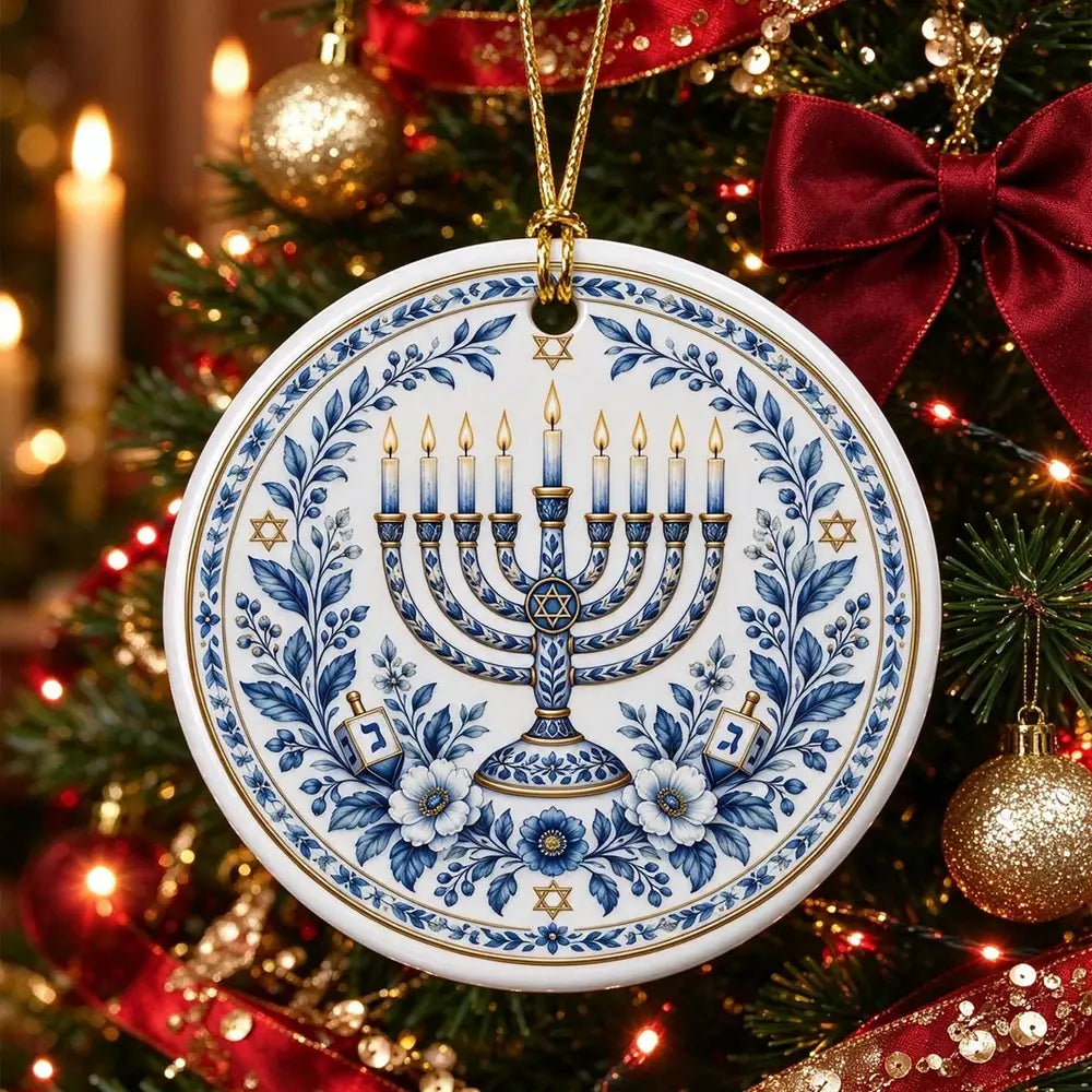 Blue and white ceramic menorah ornament