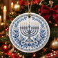 Blue and white ceramic menorah ornament