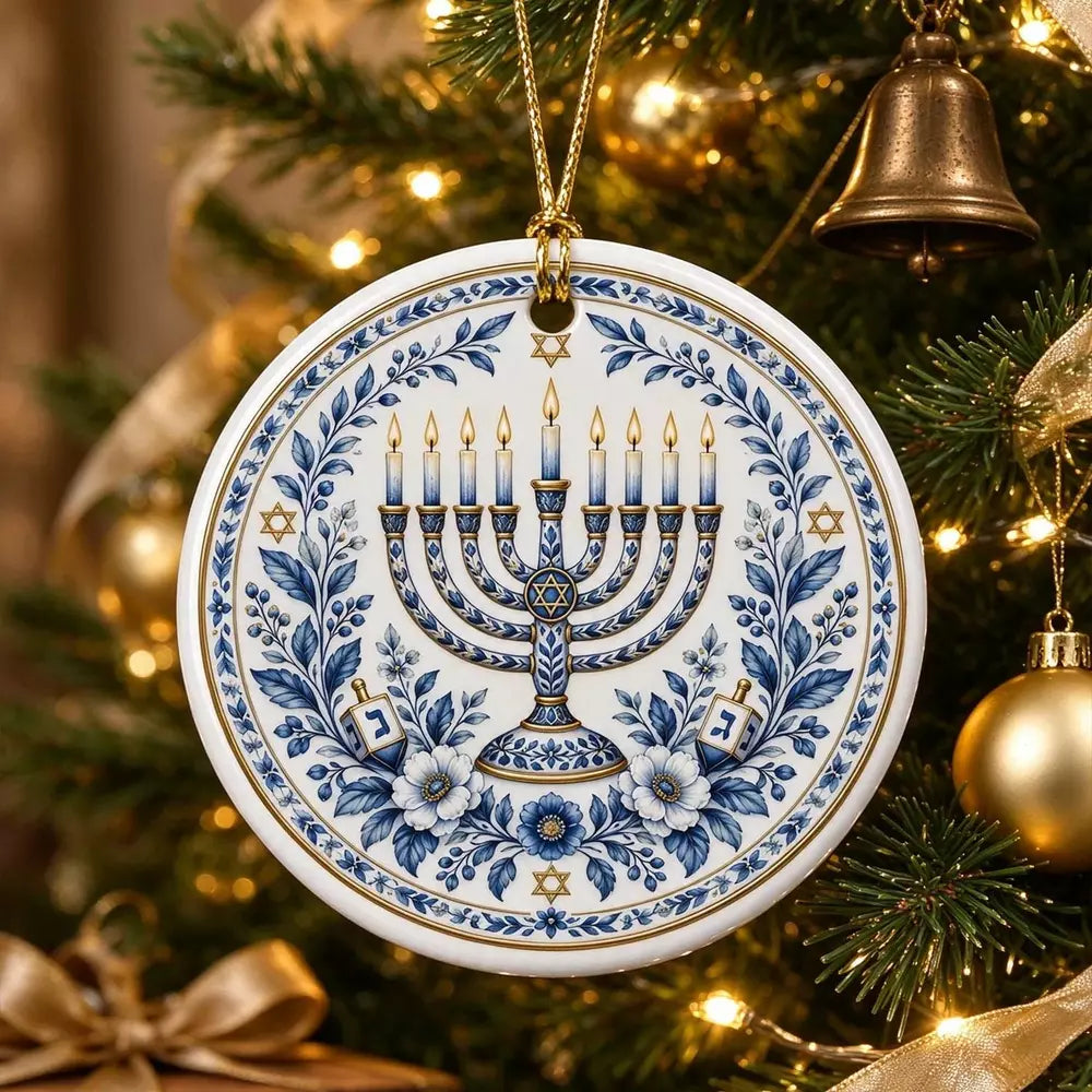 Blue and white menorah ornament hanging on a decorated Christmas tree