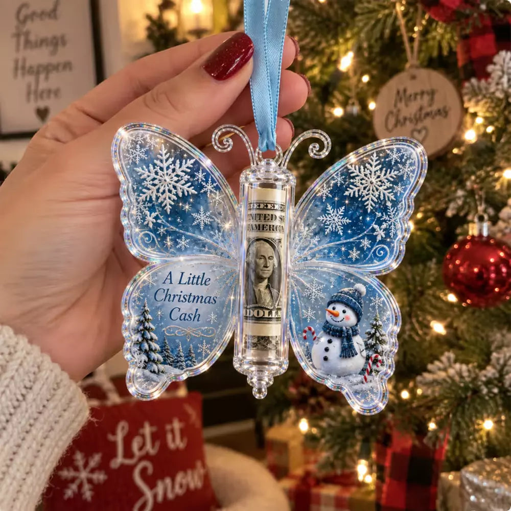 Close-up details of the Christmas cash gift butterfly ornament