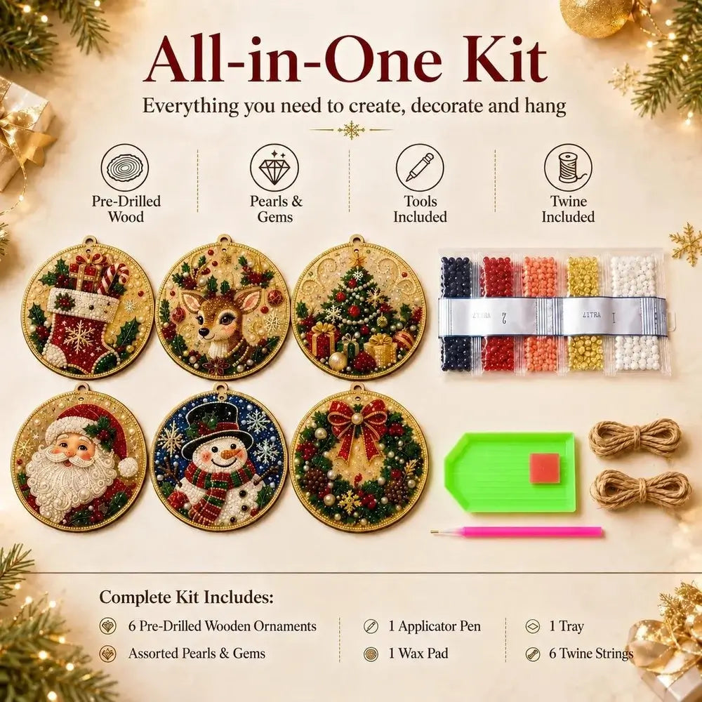 All-in-One Christmas diamond painting kit shown on a beige decorated background, featuring six completed round wooden ornaments, a tray of assorted colored pearls and gems, twine, an applicator pen, wax pad, pencil, and other included tools and accessories.