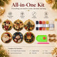 All-in-One Christmas diamond painting kit shown on a beige decorated background, featuring six completed round wooden ornaments, a tray of assorted colored pearls and gems, twine, an applicator pen, wax pad, pencil, and other included tools and accessories.