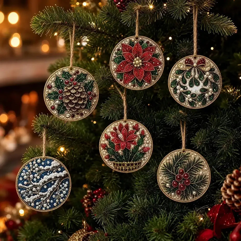 Six round Christmas tree ornaments with intricate needlepoint designs hang on a decorated Christmas tree. The ornaments feature designs including a pinecone, poinsettias, mistletoe, snow branches, and holly leaves, all in red, green, and gold tones, with warm bokeh lights in the background.
