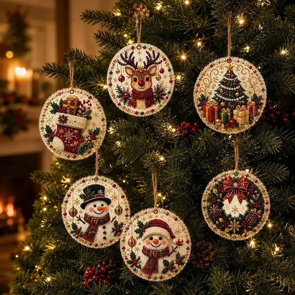 Six round embroidered Christmas ornaments with festive designs including a reindeer, stocking, Christmas tree, snowman, Santa face, and wreath, hanging on a decorated Christmas tree with warm lights.