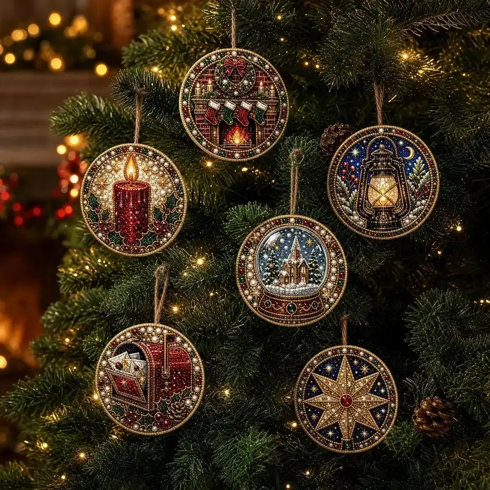 Five round beaded Christmas tree ornaments with intricate holiday scenes hang on a decorated Christmas tree. The ornaments feature detailed beadwork in red, gold, blue, green, and white, depicting a candle, a lantern, a gift box, a snowy house, and a star.