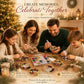 A family of four enjoys crafting round Christmas keepsake ornaments together in a warmly lit holiday kitchen or living room. The scene includes a decorated Christmas tree, candles, and gift boxes in the background.