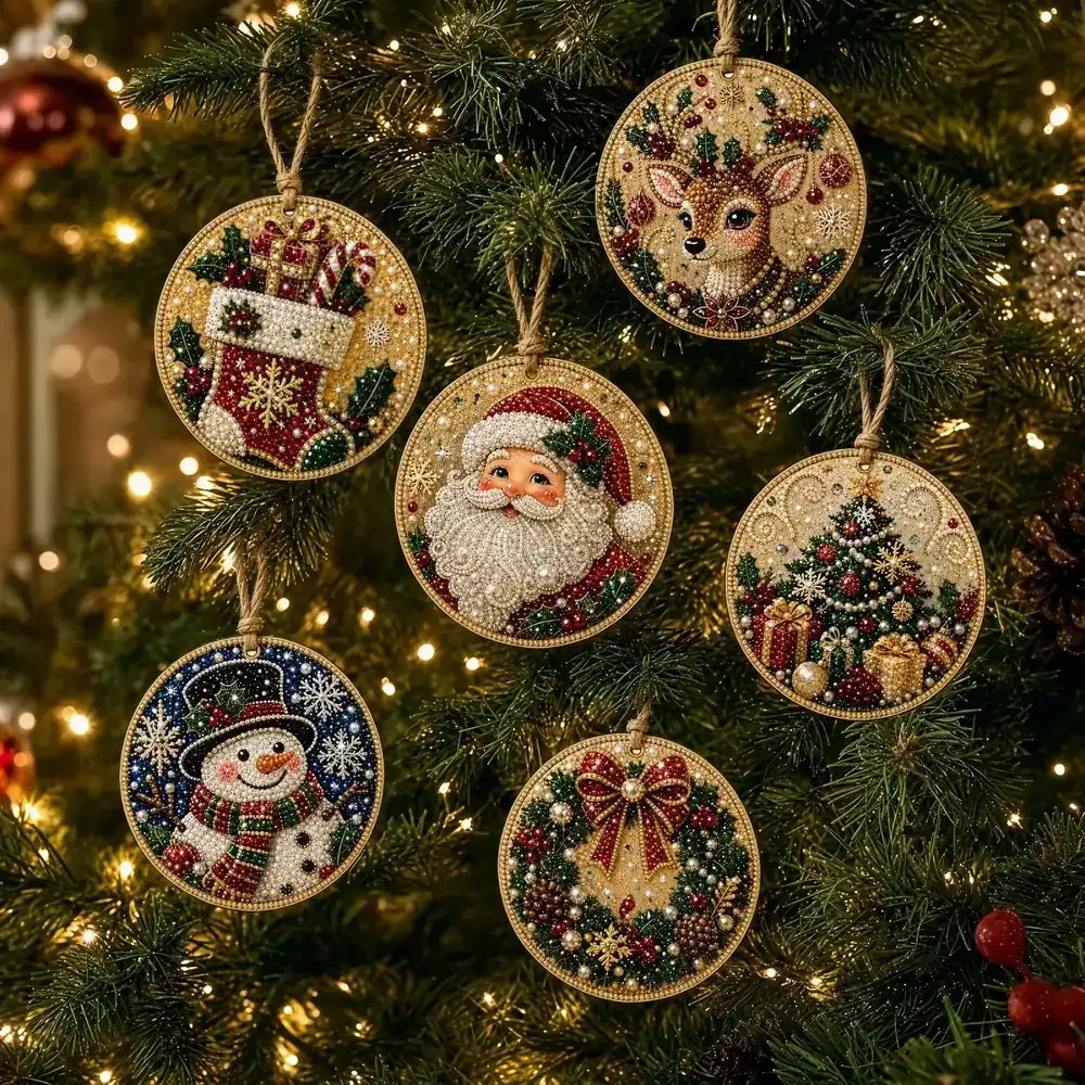 Six round beaded Christmas ornaments hang on a decorated Christmas tree. The ornaments feature festive designs including Santa Claus, a deer, a snowman, a Christmas tree, and a bow, all crafted with colorful rhinestones and gold-toned borders.