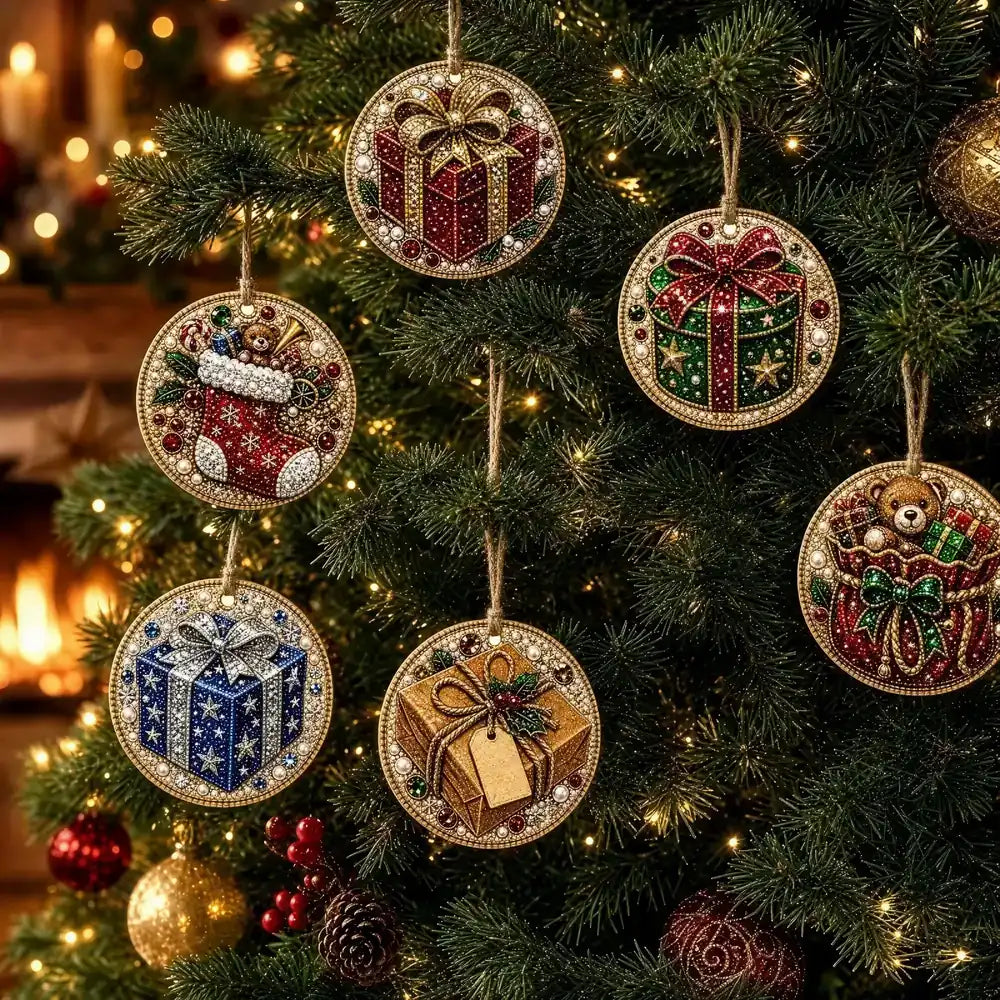 A set of round, beaded Christmas ornaments hanging on a decorated Christmas tree. The ornaments feature festive designs including gift boxes, a stocking with a teddy bear, a blue present, a wrapped package, and a teddy bear with a red bow, all embellished with gold-toned beads and rhinestones against a warm, blurred holiday background.