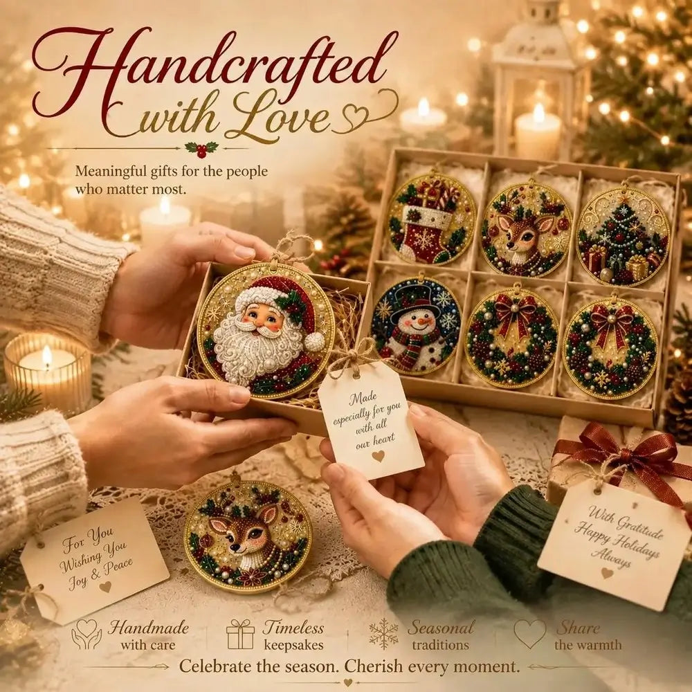 Handcrafted embroidered Christmas ornaments displayed in a gift box and held by two people in a cozy holiday setting with candles and warm lights. The ornaments feature festive designs including Santa Claus, snowmen, reindeer, and Christmas trees, with handwritten gift tags and decorative text overlays.