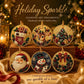 Six round diamond art ornaments featuring Christmas motifs are displayed on a wooden stand against a warm, festive holiday background. The ornaments include designs of a stocking, a deer, a Christmas tree, Santa Claus, a snowman, and a wreath.