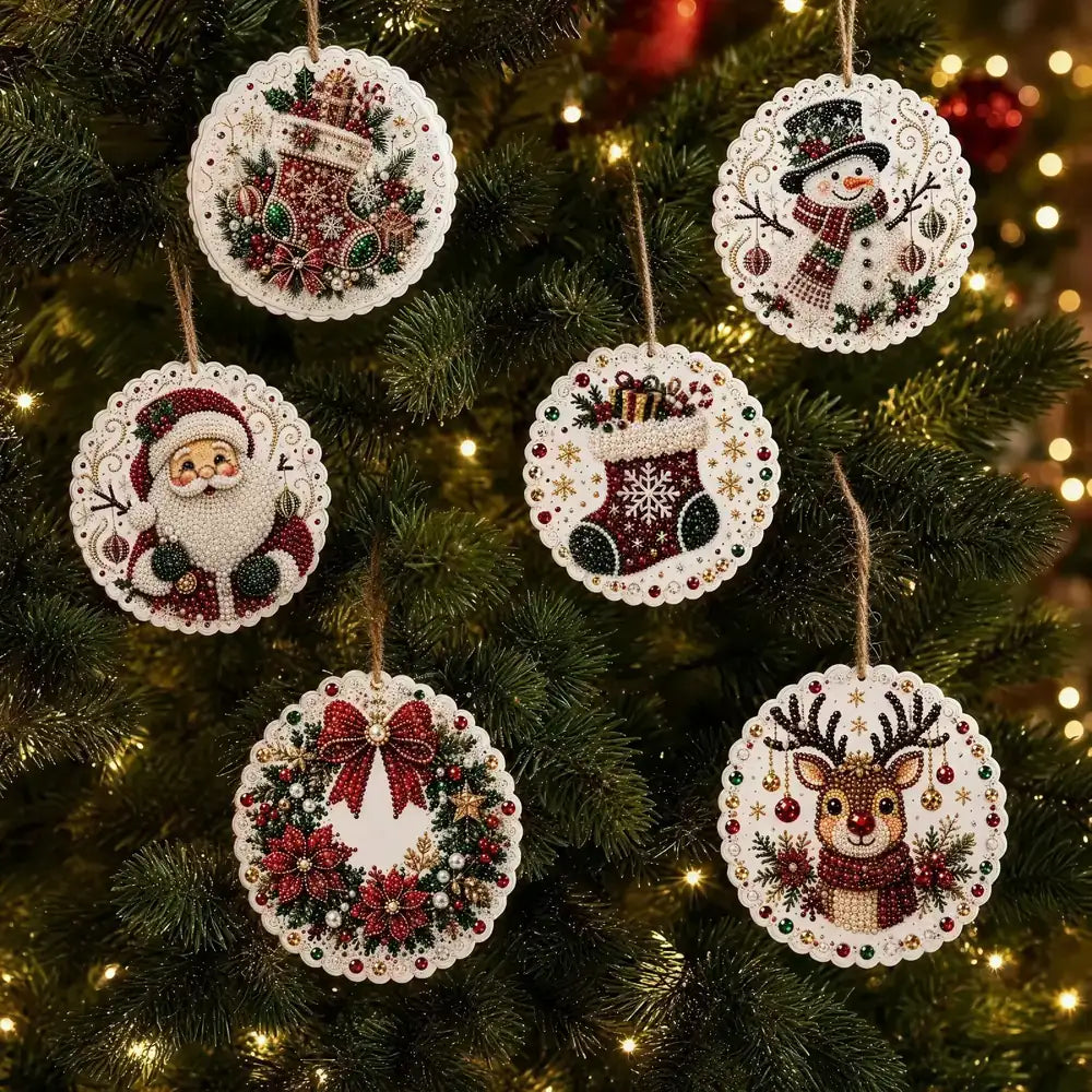 Six round embroidered Christmas ornaments hang on a decorated tree. The ornaments feature festive designs including Santa Claus, a snowman, a wreath with a red bow, stockings, and a reindeer, all on a green tree with warm string lights in the background.