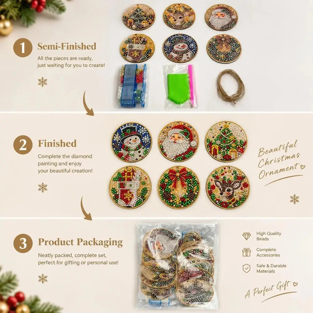 A diamond painting kit set displayed in three stages: semi-finished pieces with tools, finished decorated Christmas ornaments, and the product packaging. The ornaments feature festive designs like a snowman, Santa, a Christmas tree, and a deer, with text overlays describing the stages and product features.