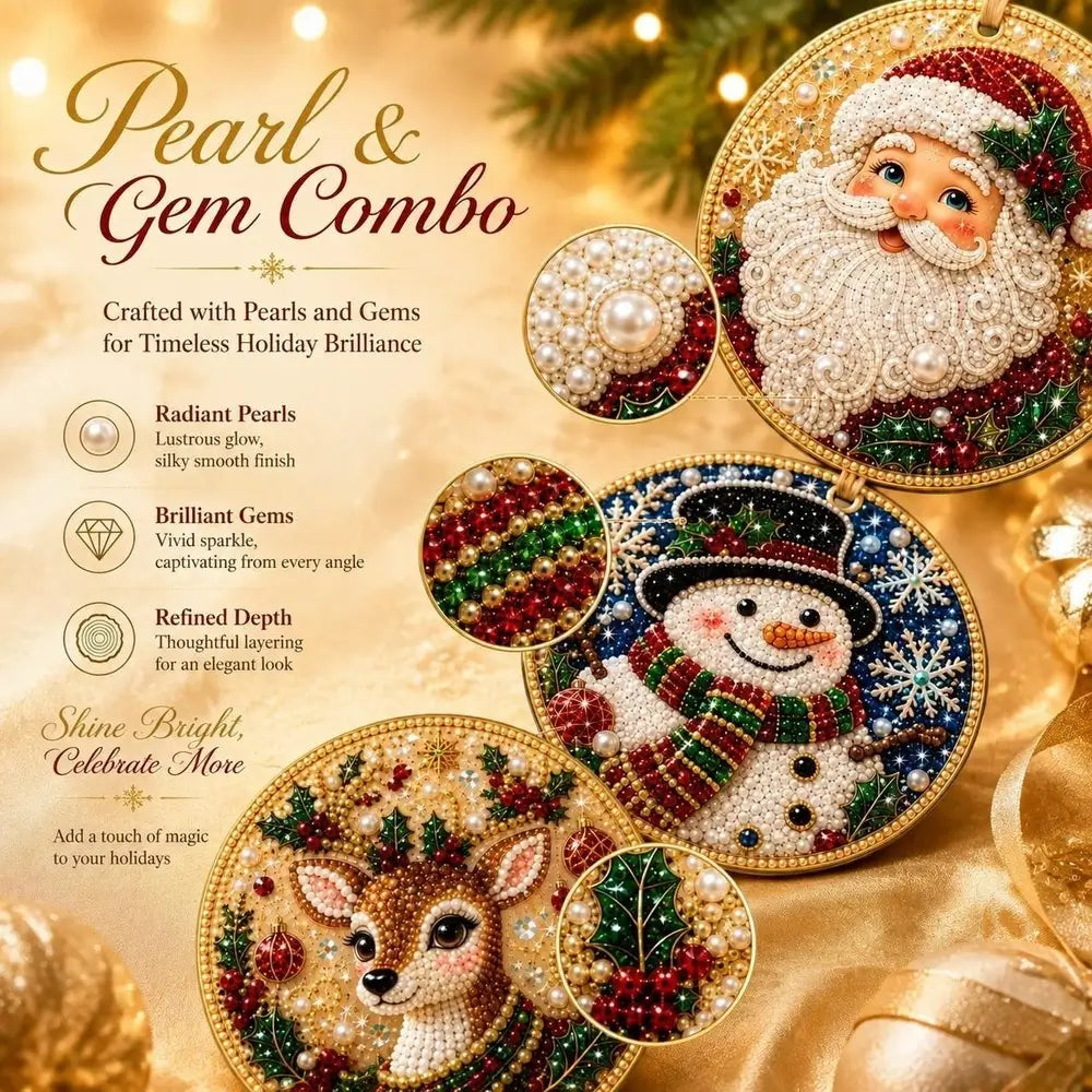 Three round beaded Christmas ornaments displayed on a warm gold background with festive text reading 'Pearl & Gem Combo.' The ornaments feature Santa Claus, a snowman, and a deer, with inset close-ups showing pearl and gem details.