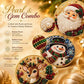 Three round beaded Christmas ornaments displayed on a warm gold background with festive text reading 'Pearl & Gem Combo.' The ornaments feature Santa Claus, a snowman, and a deer, with inset close-ups showing pearl and gem details.