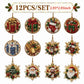 A 12-piece set of Christmas-themed diamond painting ornaments, featuring various designs like gift boxes, stockings, snowflakes, Santa Claus, and a Christmas tree, shown on a plain white background with a text banner at the top.