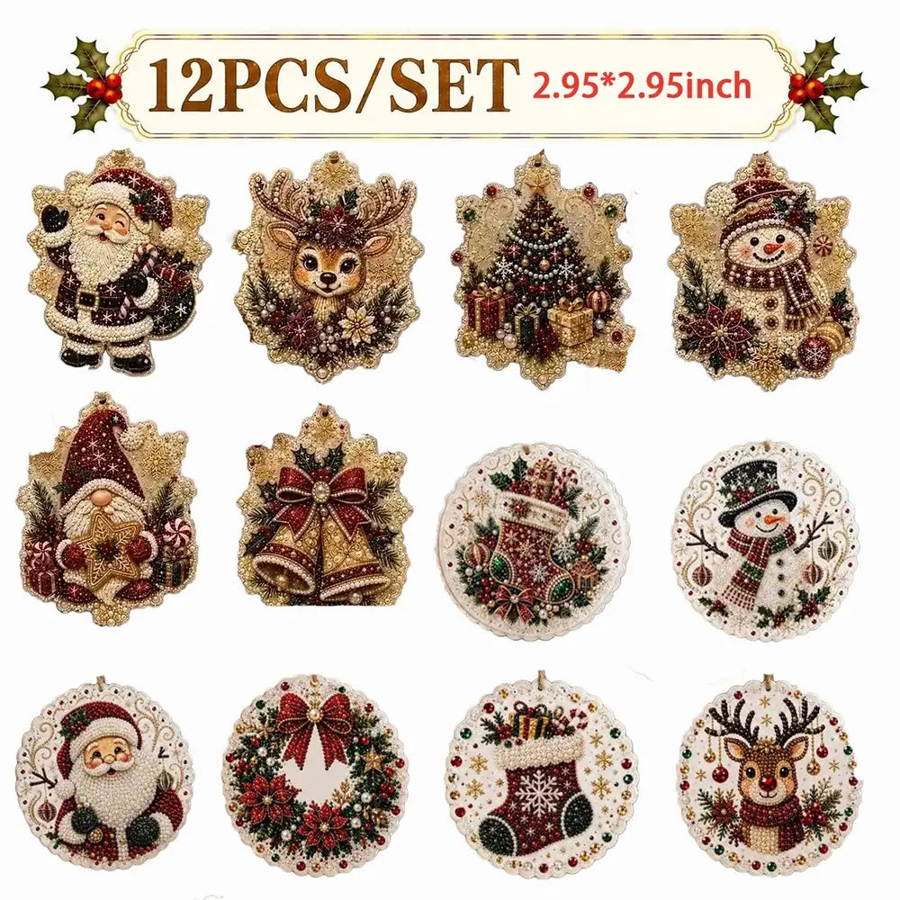 A set of 12 Christmas-themed needlepoint canvas designs, featuring various festive illustrations like Santa Claus, snowmen, deer, bells, wreaths, stockings, and Christmas trees. 