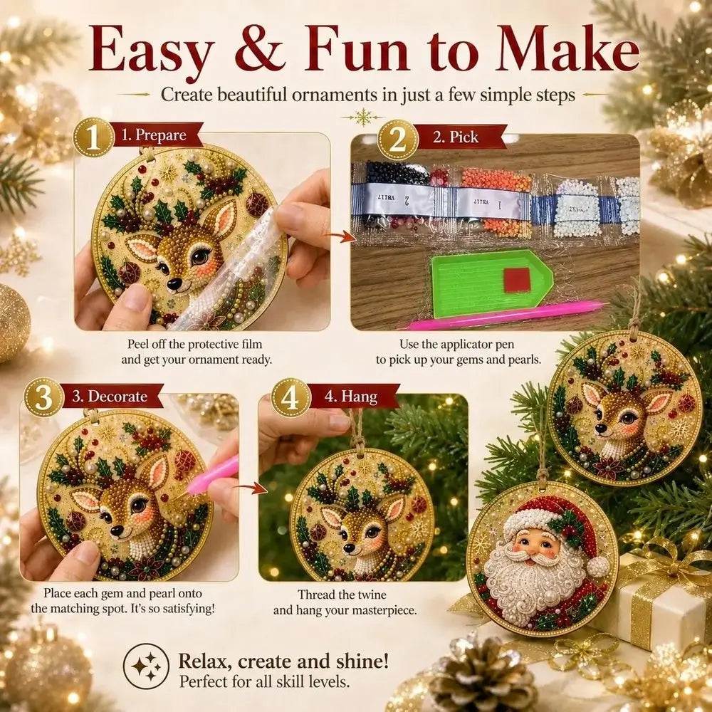 Instructional graphic for a diamond painting ornament kit, showing four numbered steps: preparing the ornament, picking beads, decorating, and hanging the finished product. The image includes before-and-after close-ups of hands working on the craft, surrounded by festive Christmas decorations like pine branches, lights, and wrapped gifts.