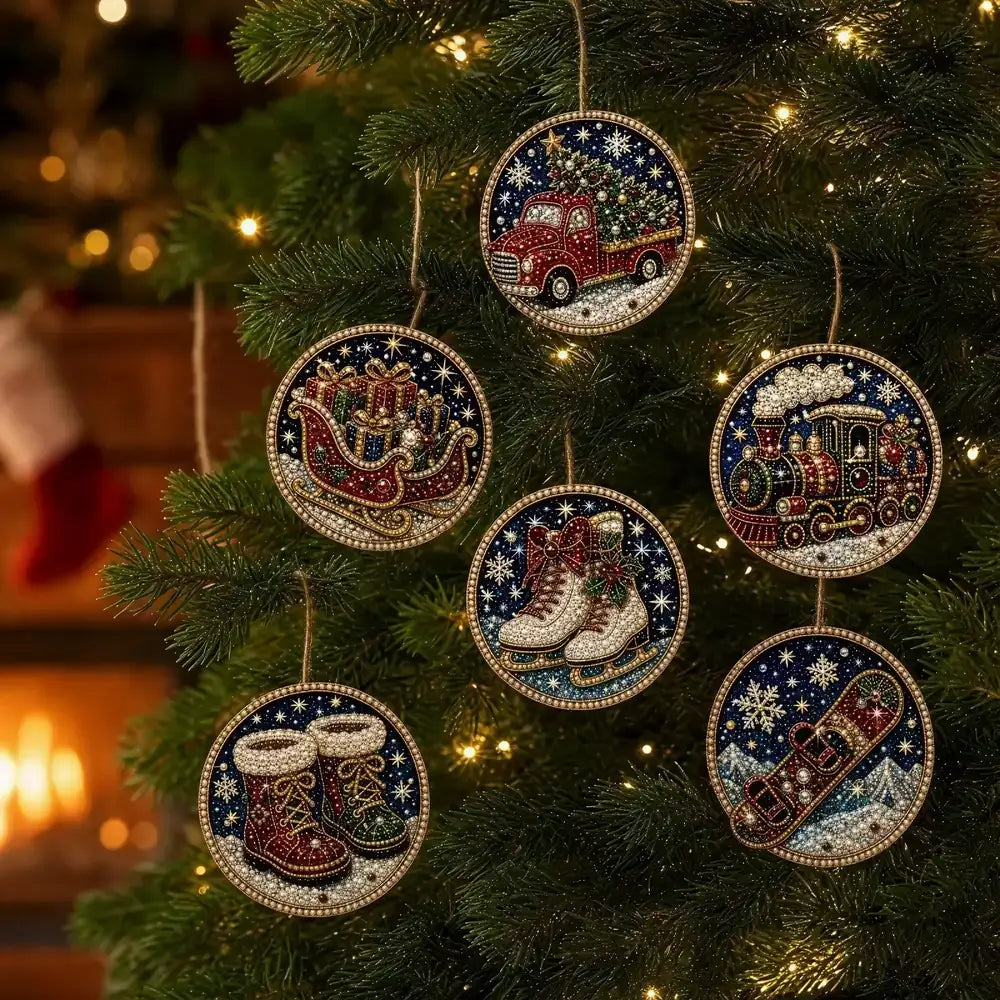 Five round Christmas bead ornaments hanging on a decorated evergreen tree. The ornaments feature holiday scenes including a red pickup truck carrying a Christmas tree, Santa Claus in a sleigh with gifts, a red Christmas train, a pair of white ice skates, and a snowboarder in a snowy landscape.