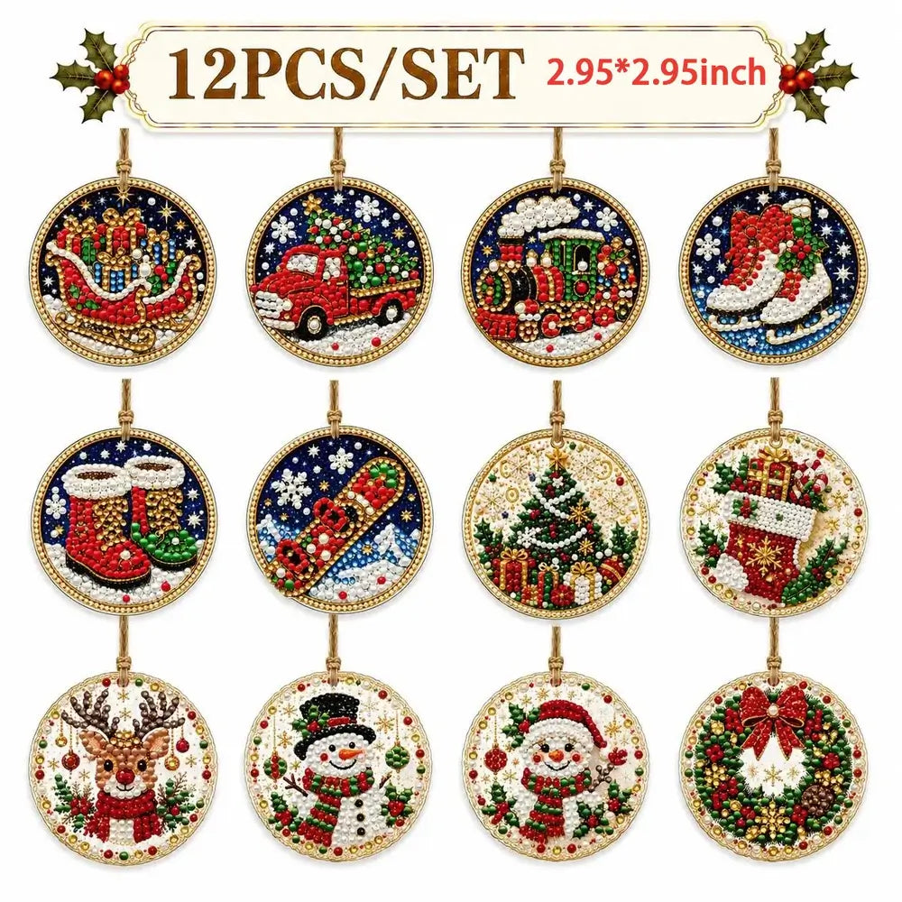 A 12-piece set of round diamond painting Christmas ornaments, featuring festive designs like a Santa sleigh, red truck, Christmas train, stockings, snowman, and holiday wreath on a white background with a decorative header.