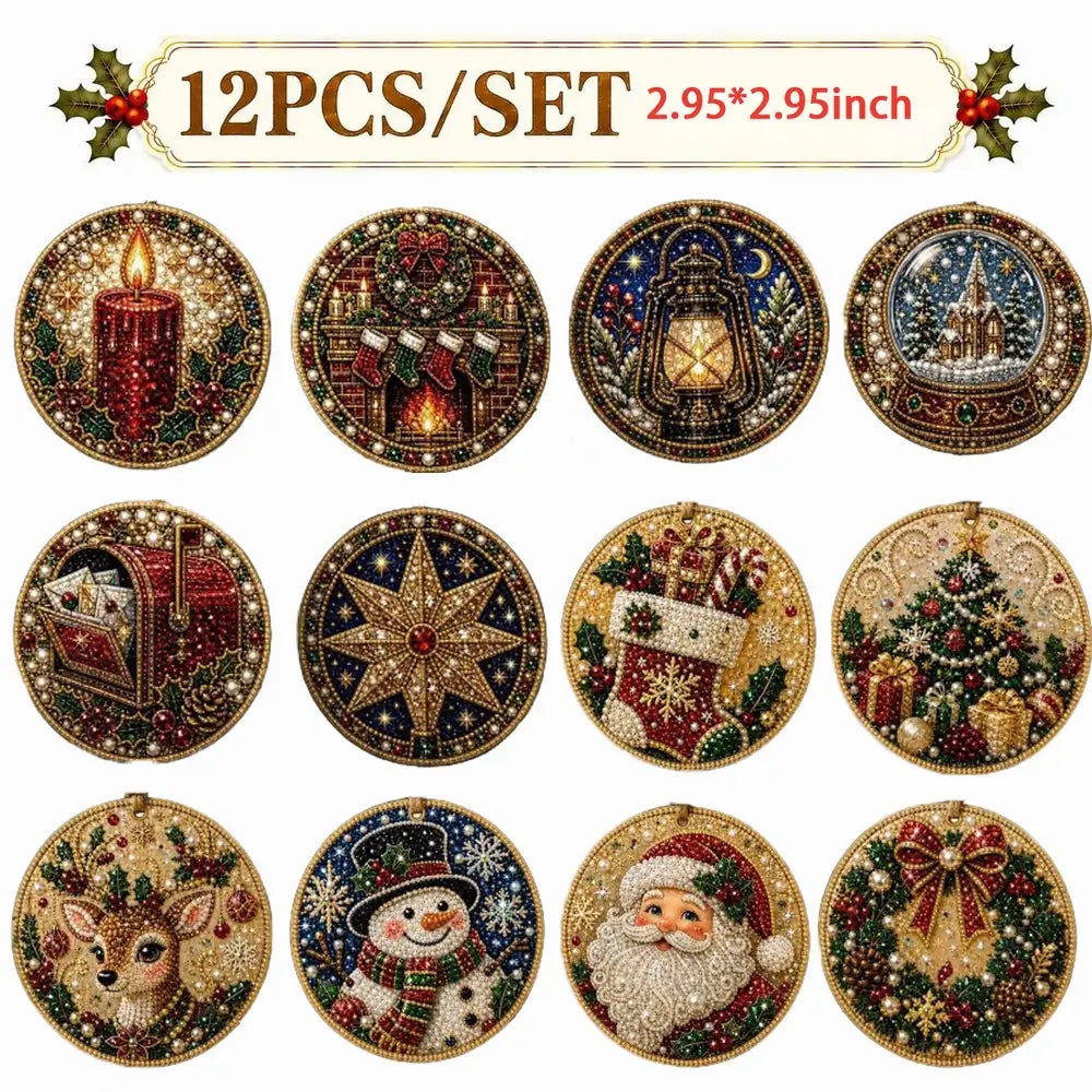 A set of 12 circular diamond painting ornaments featuring various Christmas designs, including a candle, fireplace, lantern, snow globe, gift box, star, stocking, Christmas tree, deer, snowman, Santa Claus, and bow.