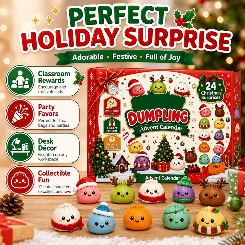 Dumpling Advent Calendar holiday surprise set with a red decorated box and several small cute dumpling figures arranged in front on a festive holiday background with lights, pinecone, and wrapped gifts.