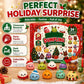 Dumpling Advent Calendar holiday surprise set with a red decorated box and several small cute dumpling figures arranged in front on a festive holiday background with lights, pinecone, and wrapped gifts.