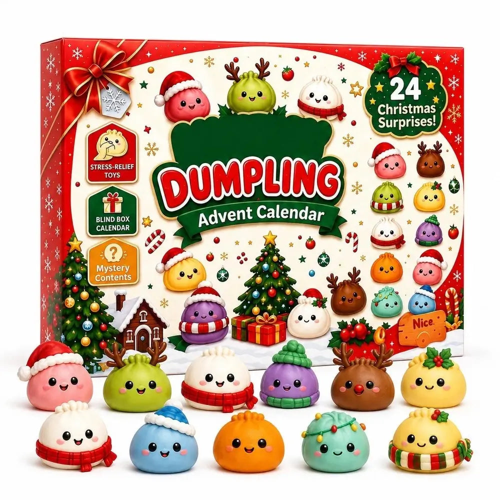 A festive Christmas advent calendar set for dumplings, featuring a red and white illustrated box labeled 'Dumpling Advent Calendar' with '24 Christmas Surprises!' and a row of colorful cute dumpling figures in front. The box includes holiday illustrations such as a Christmas tree, presents, candy canes, and Santa hats, and the front shows a large red-and-green 'DUMPLING' title.