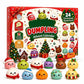 A festive Christmas advent calendar set for dumplings, featuring a red and white illustrated box labeled 'Dumpling Advent Calendar' with '24 Christmas Surprises!' and a row of colorful cute dumpling figures in front. The box includes holiday illustrations such as a Christmas tree, presents, candy canes, and Santa hats, and the front shows a large red-and-green 'DUMPLING' title.