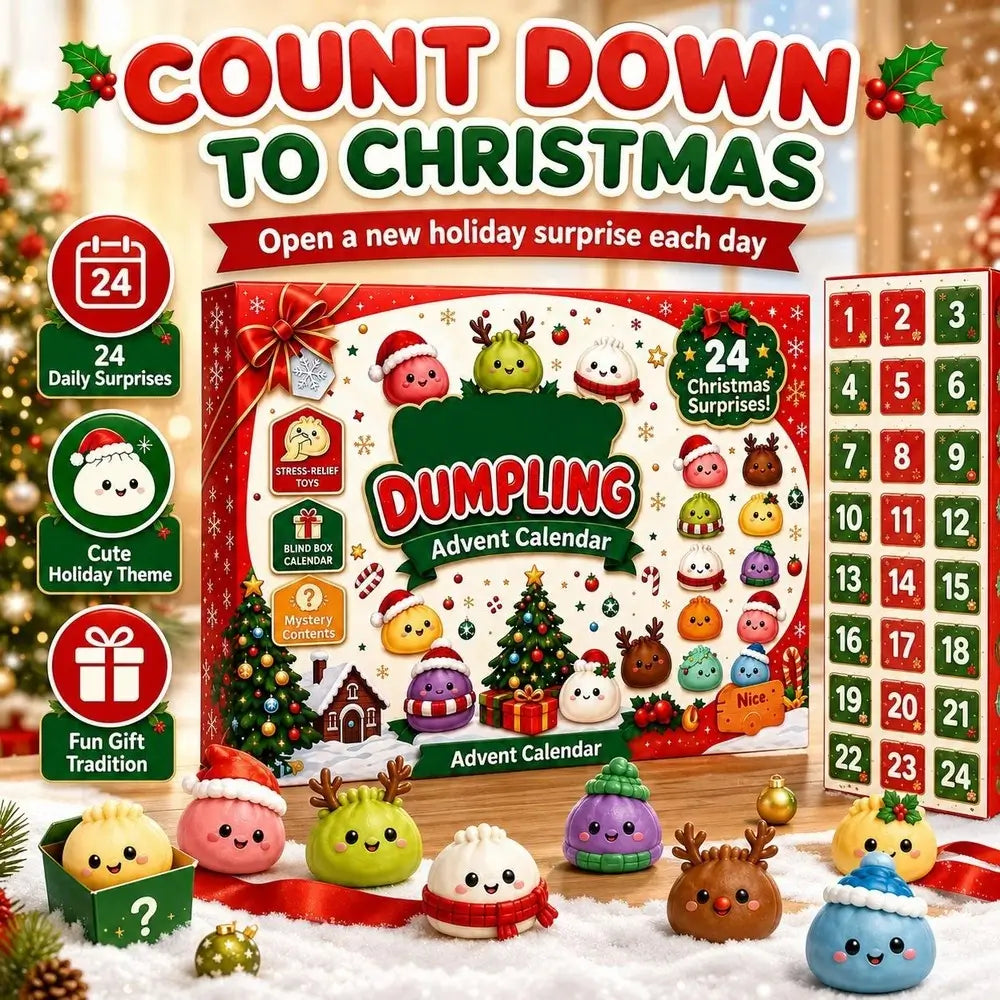 Christmas-themed Dumpling Advent Calendar set with a large illustrated calendar box, a numbered advent grid on the right, and several cute wrapped dumplings displayed in front. Large text at the top reads 'COUNT DOWN TO CHRISTMAS' and the box shows 'DUMPLING Advent Calendar' with holiday illustrations.