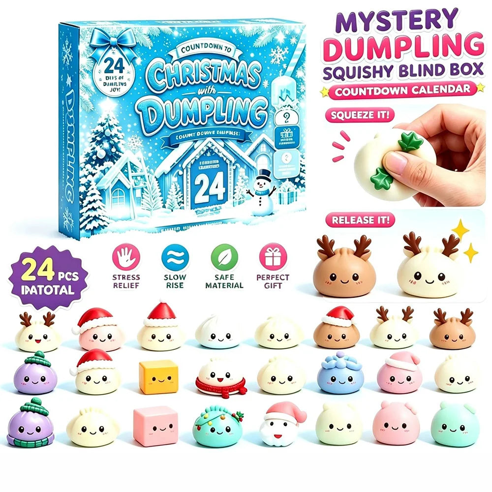Mystery Dumpling Squeishy Blind Box Christmas advent calendar set, featuring a blue illustrated box, 24 cute dumpling characters, and a hand squeezing a white dumpling with green leaves. Text highlights 24 pieces, stress relief, slow rise, safe material, and perfect gift.