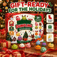 Dumpling Advent Calendar gift box displayed on a wooden surface with several colorful dumpling characters in front. Large text at the top reads 'GIFT-READY FOR THE HOLIDAYS,' and side callouts mention stocking stuffer, Christmas surprise, and party favor.