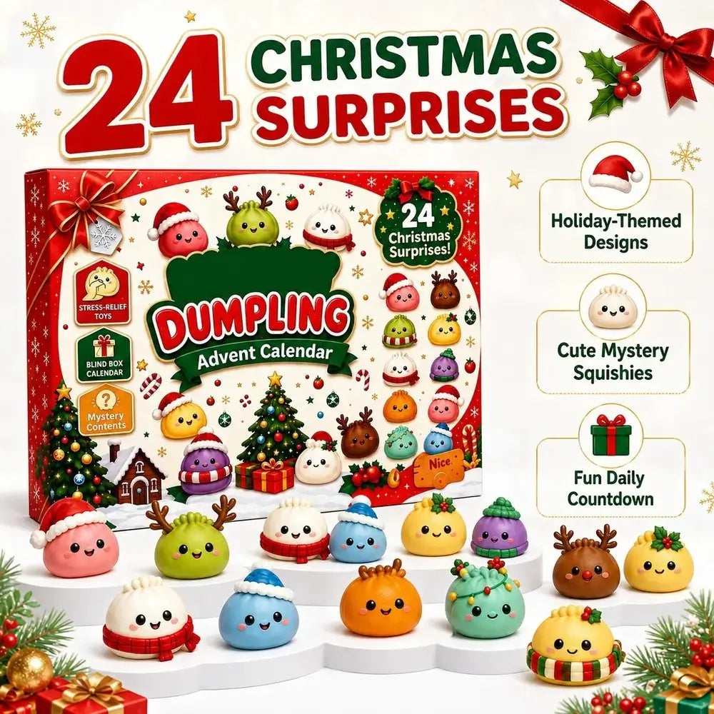 Christmas-themed dumpling advent calendar set with a red gift box labeled 'Dumpling Advent Calendar' and '24 Christmas Surprises,' surrounded by small colorful cute dumplings and holiday decorations on a white background with feature callouts.